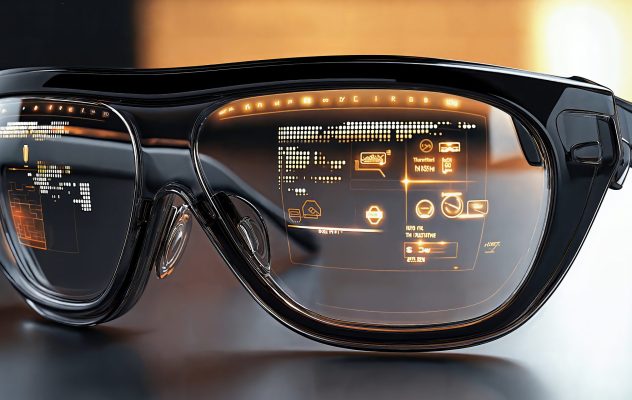 Smart glasses on a tabletop with glowing display